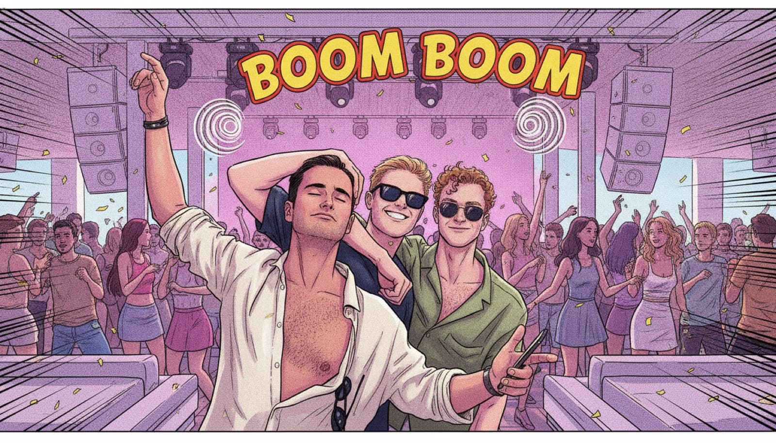 Comic panel: the same three friends at the beach club, drawn in bold comic style with BOOM BOOM lettering over the speakers
