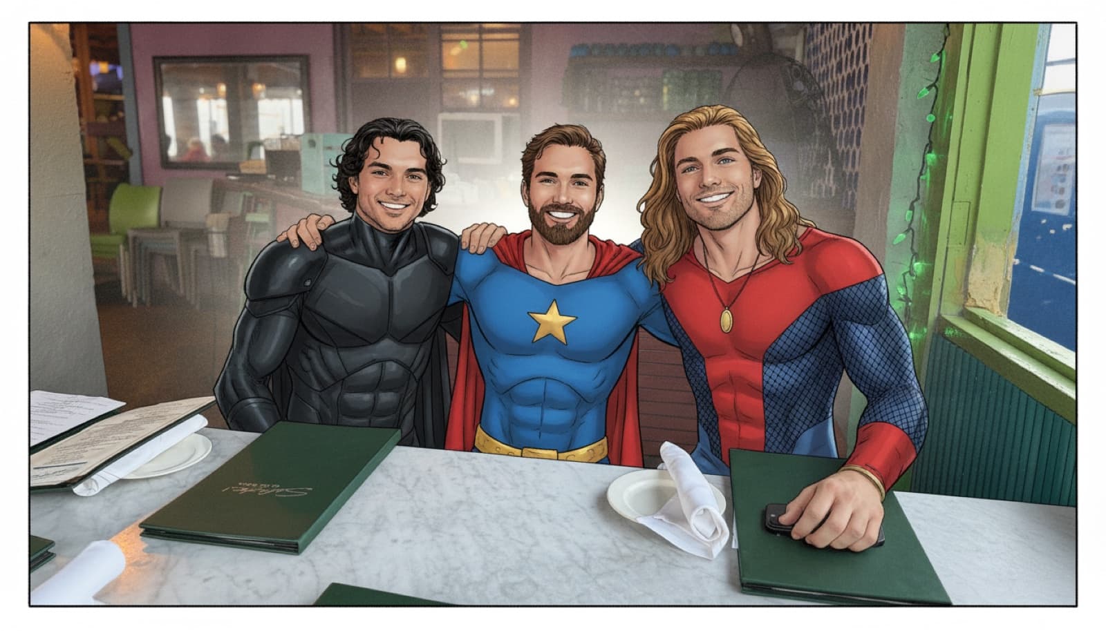 Comic panel: the same three friends drawn as three different superheroes at the restaurant table