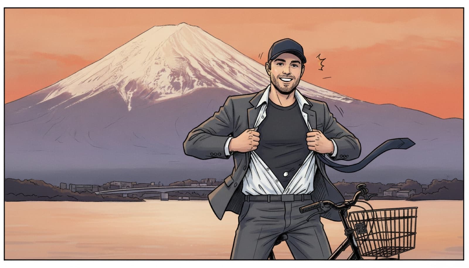 Comic panel: the same man ripping open his business suit to reveal his adventure jacket, Mount Fuji glowing behind him